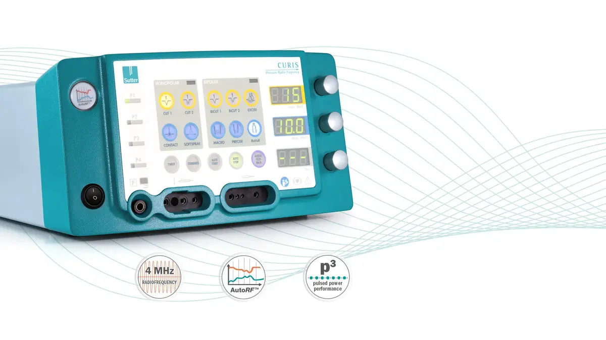 Darstellung eines medizinischen Gerätes mit digitalem Display und Bedienelementen – Anzeige von Einstellungen und Symbolen, ergänzt durch ein 4 MHz RADIOFREQUENCY-Emblem