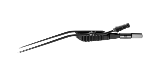 Schwarze Classic bipolare Saugpinzette in Standardlänge mit gebogener Spitze vor weißem Hintergrund.