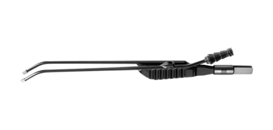 Lange schwarze Classic bipolare Saugpinzette in Standardform mit gebogener Spitze vor weißem Hintergrund.