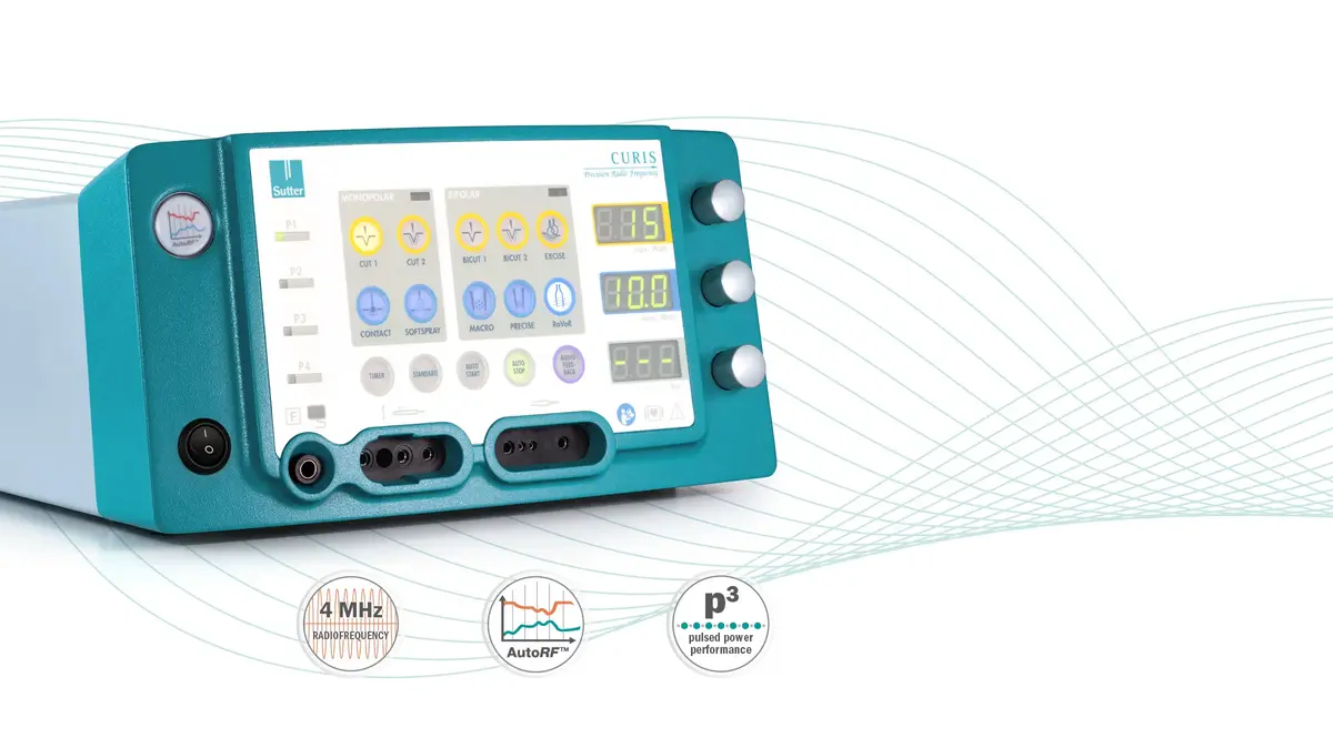 Darstellung eines medizinischen Gerätes mit digitalem Display und Bedienelementen – Anzeige von Einstellungen und Symbolen, ergänzt durch ein 4 MHz RADIOFREQUENCY-Emblem