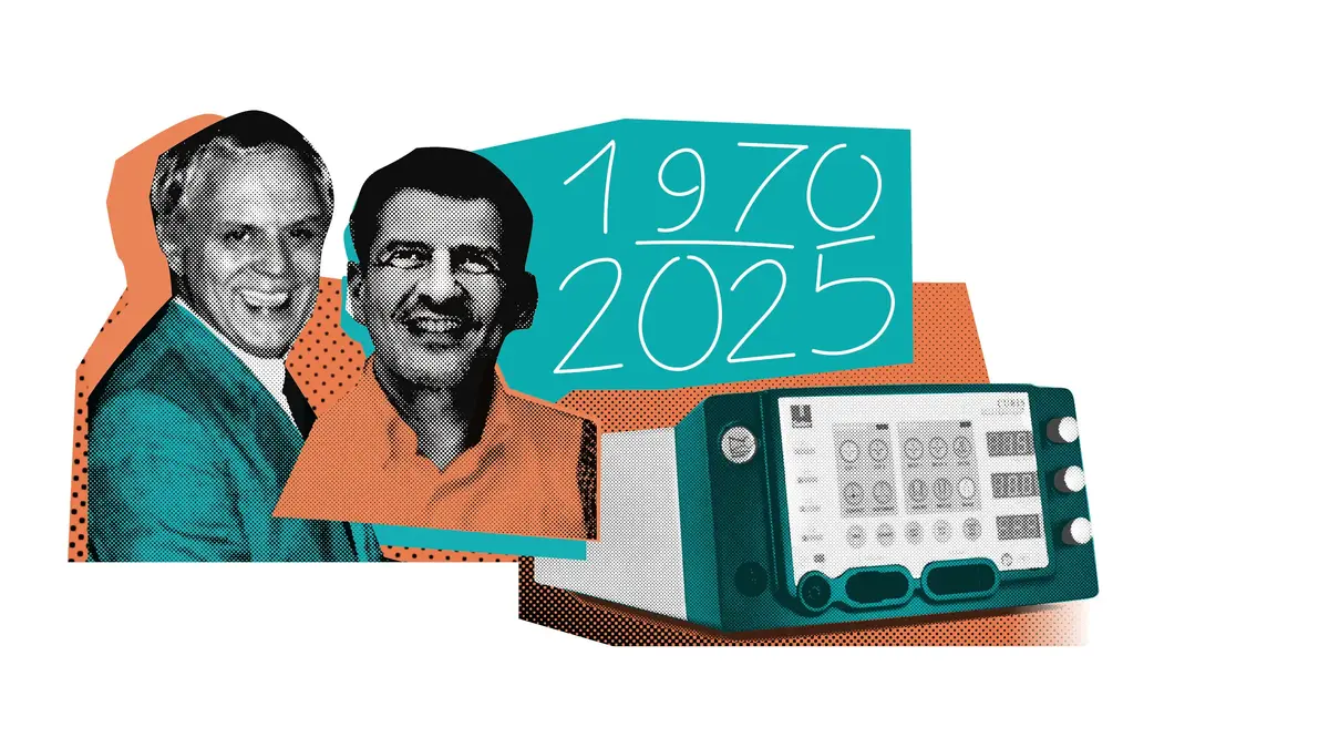 Illustration mit zwei Gründerporträts, Jahreszahlen 1970–2025 und medizinischem Gerät.