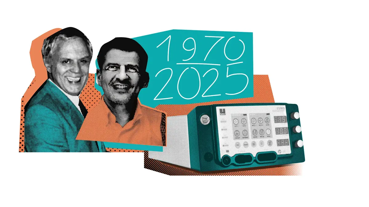 Illustration mit zwei Gründerporträts, Jahreszahlen 1970–2025 und medizinischem Gerät.