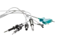 Bipolare Kabel mit unterschiedlichen Anschlusssteckern, geeignet für den Einsatz mit elektrochirurgischen Geräten, auf weißem Hintergrund.