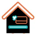 Symbolisches Icon eines Hauses mit Schreibtisch, Monitor und Herz – steht für Homeoffice-Angebote bei Sutter Medizintechnik.