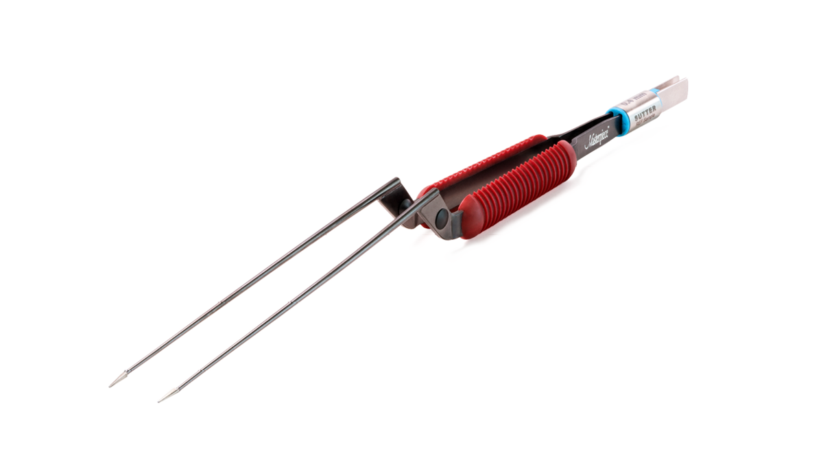 Masterpiece™ non-stick bipolare Pinzette mit rotem Griffbereich und gerader Spitze vor weißem Hintergrund.