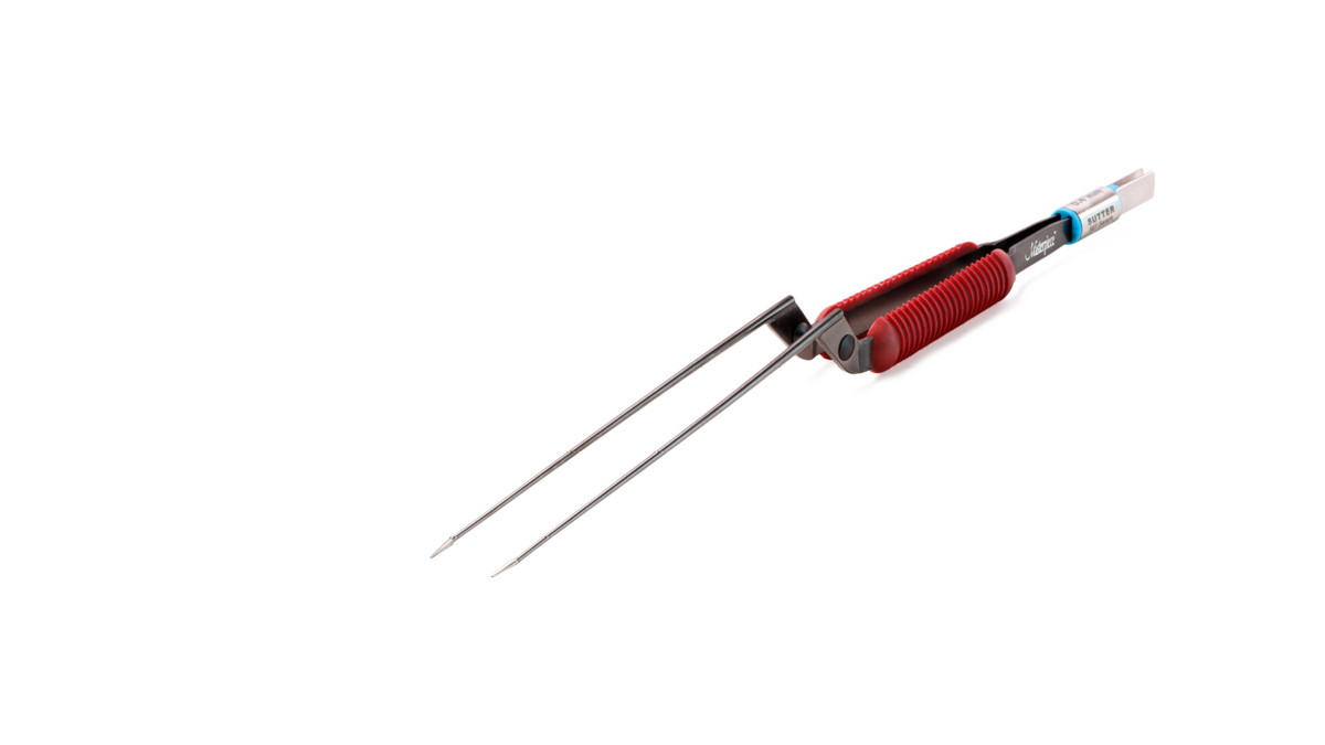 Masterpiece™ non-stick bipolare Pinzette mit rotem Griffbereich und gerader Spitze vor weißem Hintergrund.