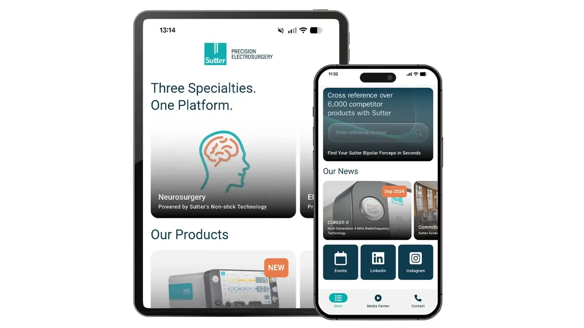 Sutter App auf Smartphone und Tablet mit Produktübersicht, Newsbereich und digitalen Servicefunktionen.