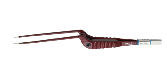 Rote SuperGliss Pinzette mit spitzen Enden, geriffeltem Griff und Beschriftung SUTTER