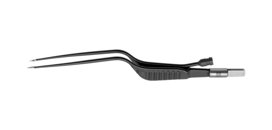 Kurze schwarze Classic bipolare Spülpinzette in Standardform mit abgewinkelter Spitze vor weißem Hintergrund.