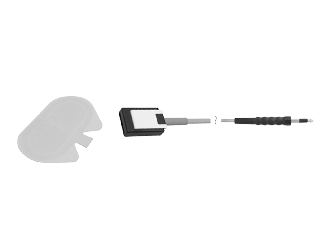 Neutralelektrode mit jeweils passendem Anschlusskabel, vor weißem Hintergrund.