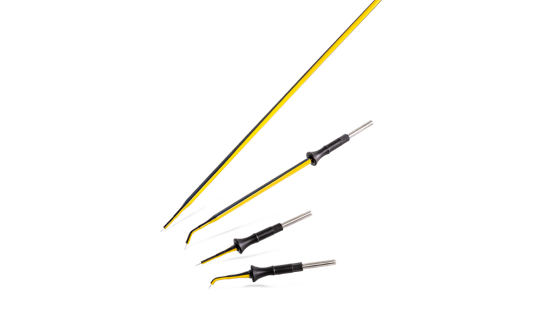 Abbildung von drei gelben monopolaren Elektroden mit schwarzen Griffbereichen und angeschlossenen Kabeln, in verschiedenen Größen angeordnet.