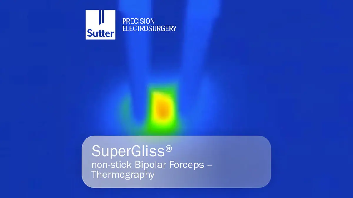 SuperGliss-Thermografie-Sutter-Medizintechnik.jpg Thermografieaufnahme der SuperGliss® non-stick bipolaren Pinzette von Sutter Medizintechnik, mit Temperaturverlauf in Blau, Grün und Rot.
