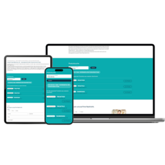 Darstellung einer Webseite mit Formularfeldern auf Tablet, Smartphone und Laptop – identische Ansicht mit Eingabefeldern für Produktname, Kategorie, Preis und einem „SUBMIT“-Button