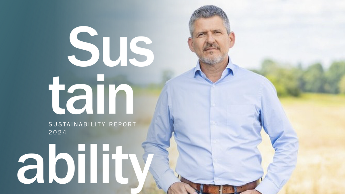 Cover image of the Sutter Sustainability Report 2024. In the foreground, a person wearing a light blue shirt and jeans stands in front of a natural landscape. On the left, large white text reads ‘Sustainability’ and ‘Precision, Sustainability and Culture,’ alongside the Sutter logo with the tagline ‘Precision Electrosurgery.’